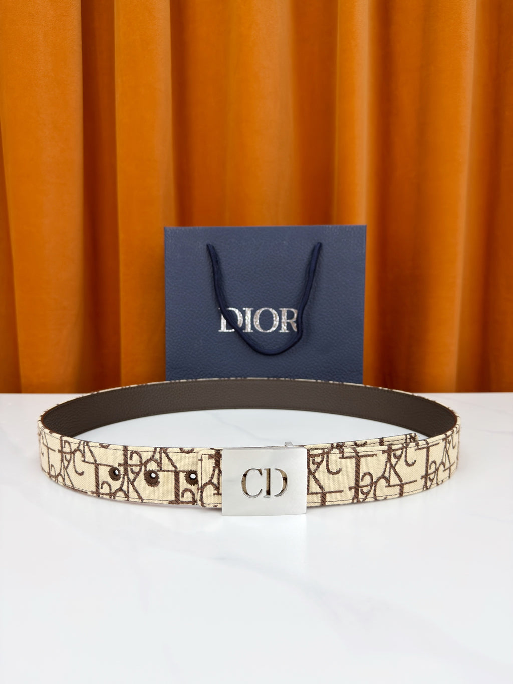 Dior monogram belt with CD buckle, beige canvas and dark leather trim