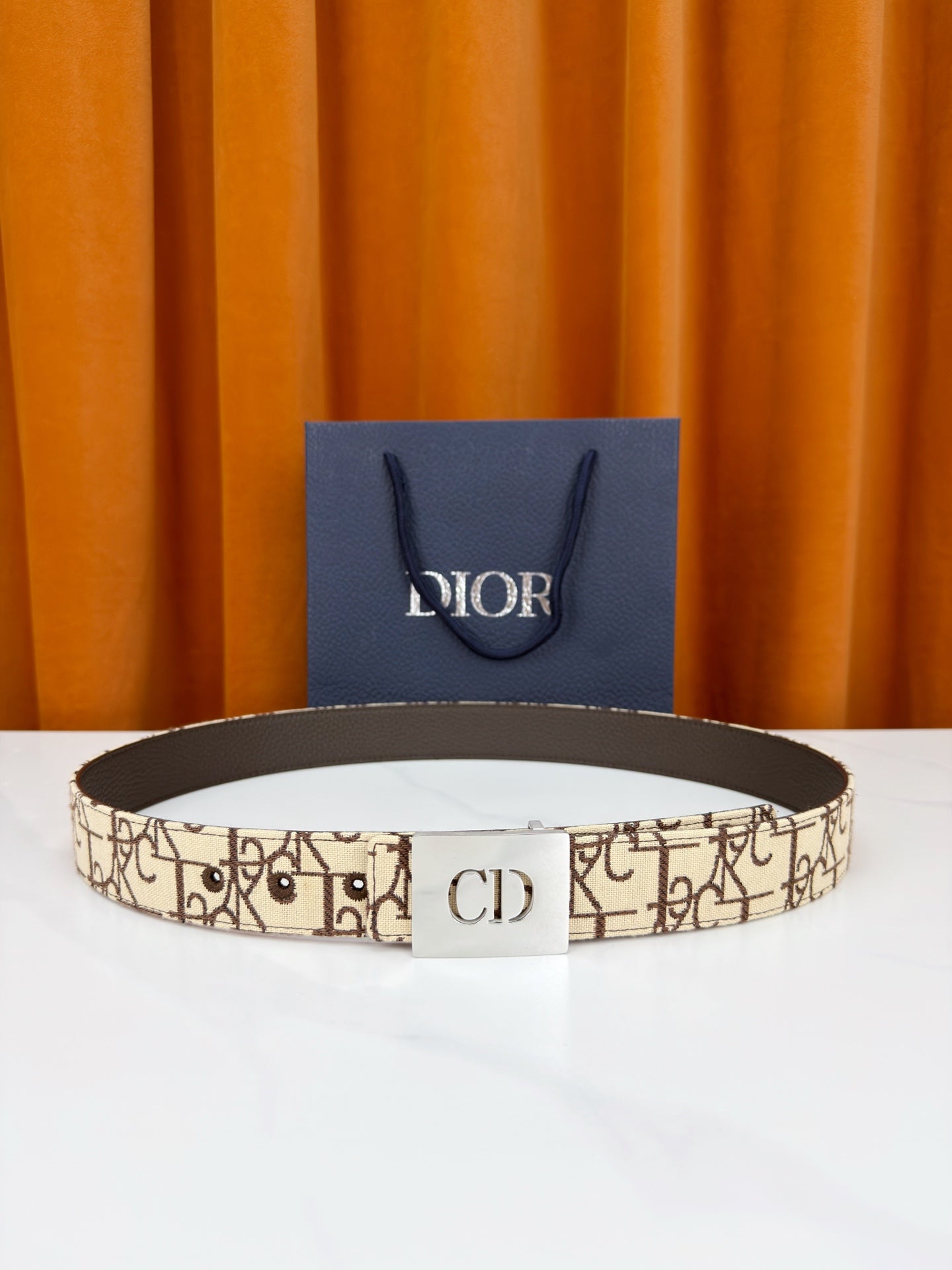 Dior monogram belt with CD buckle, beige canvas and dark leather trim