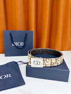 Dior monogram belt with CD buckle, beige canvas and dark leather holes