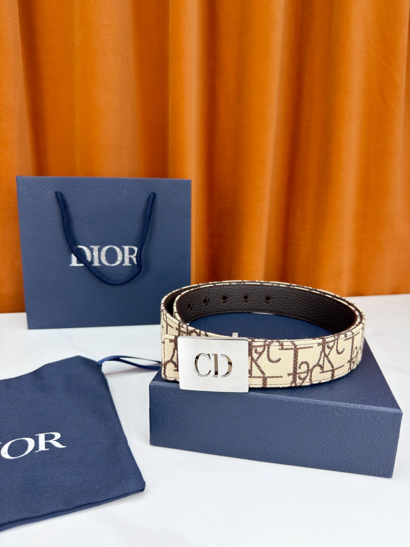Dior monogram belt with CD buckle, beige canvas and dark leather holes