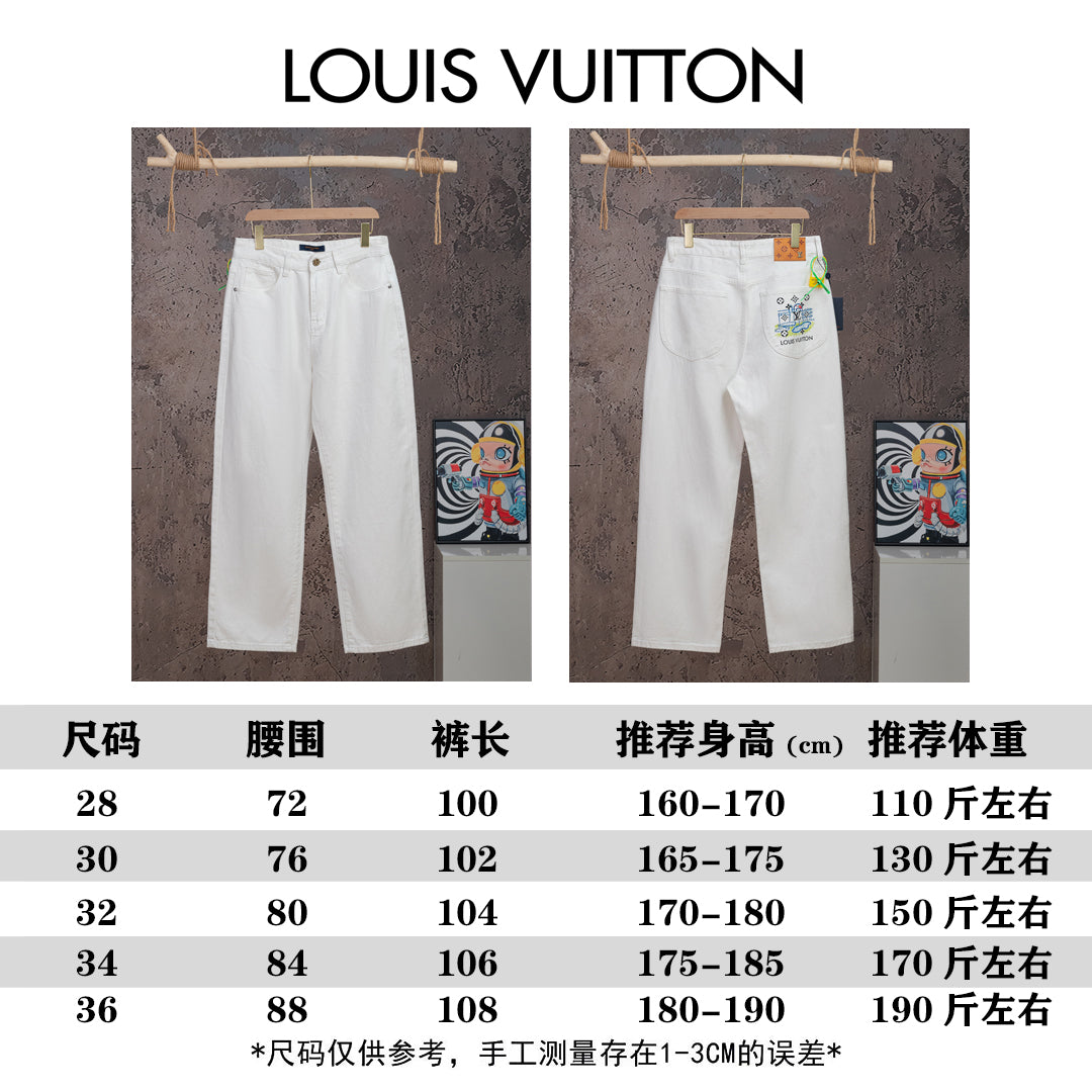 White denim pants shown with size chart measurements
