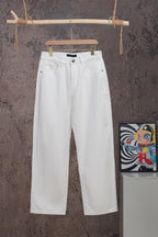 White denim pants with front pockets and belt loops