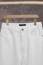 White Louis Vuitton pants front with belt loops, button fly and coin pocket