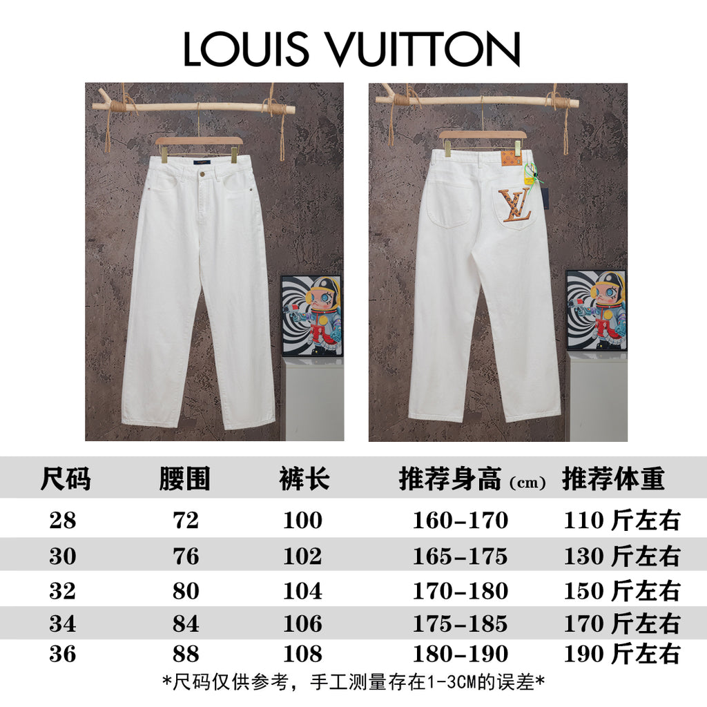Louis Vuitton white pants size chart showing measurements for multiple sizes