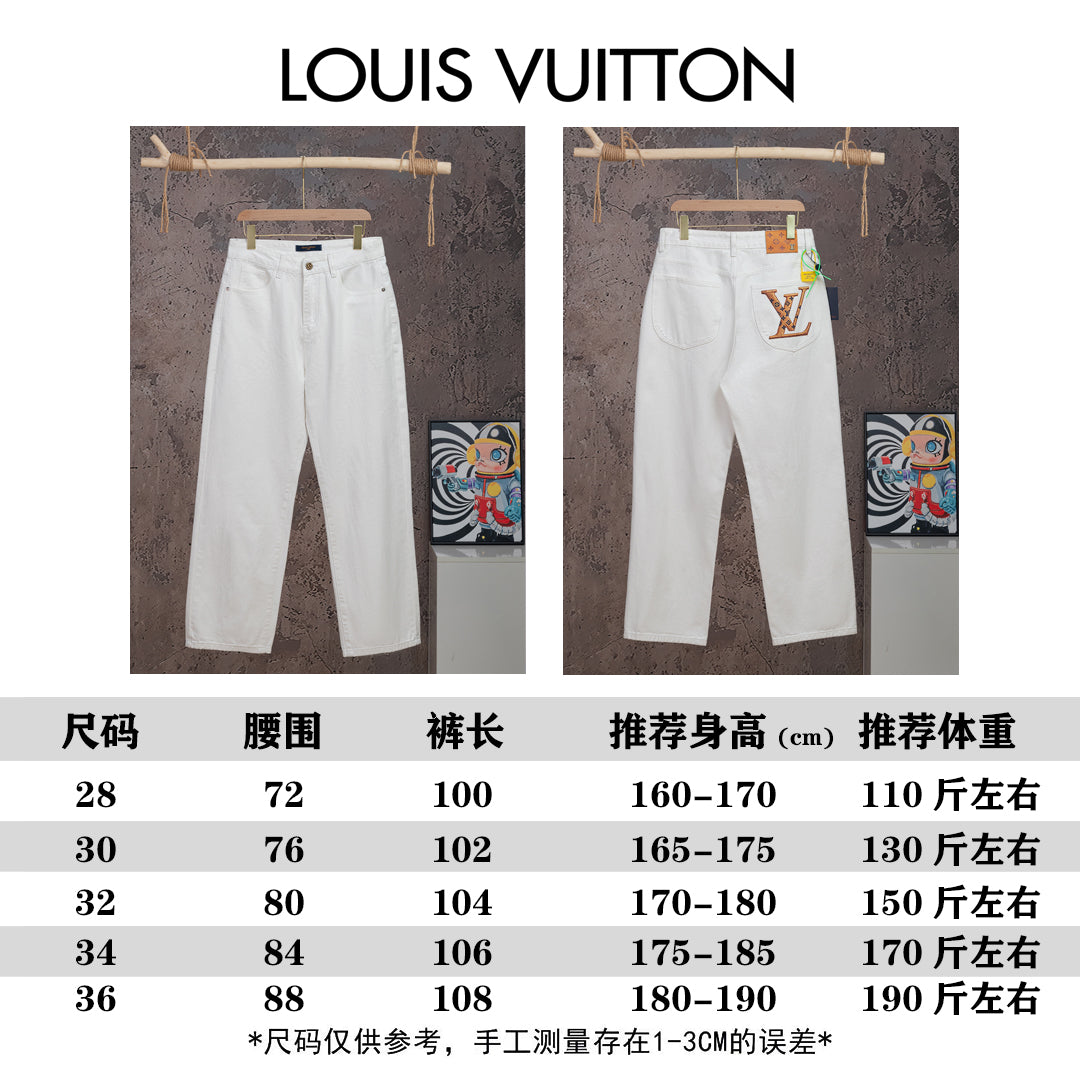 Louis Vuitton white pants size chart showing measurements for multiple sizes
