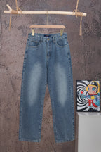 Light blue denim pants with waistband button, belt loops, and back patch