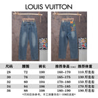 Denim pants size chart with two views and measurement table