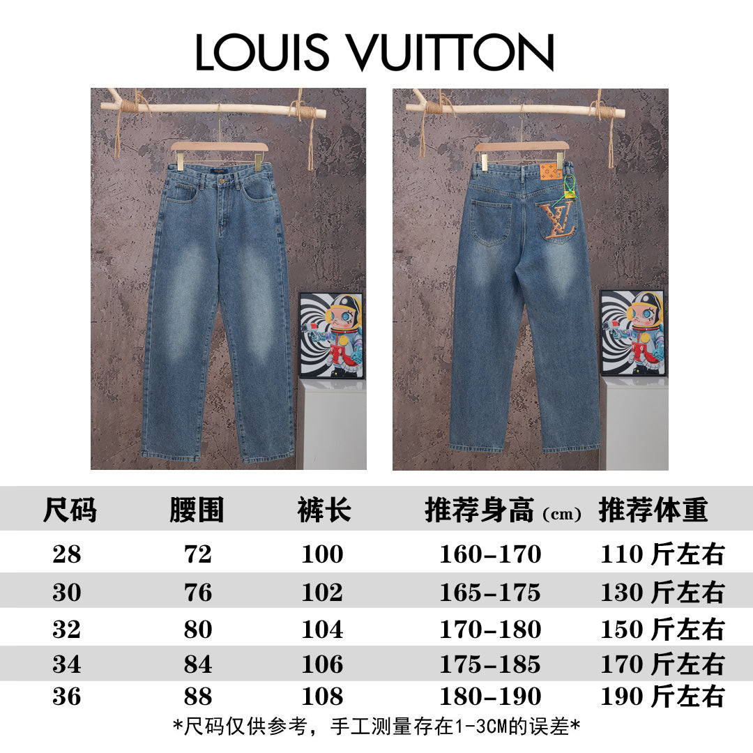 Denim pants size chart with two views and measurement table