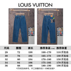 Size chart for Louis Vuitton denim pants with measurements and weights