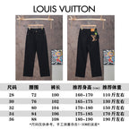 Black denim pants shown with LOUI S VUITTON size chart and measurements