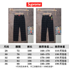 Black Supreme pants size chart with waist, hip, length and height ranges