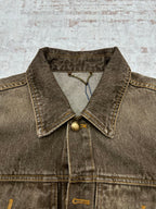Dark gray denim jacket close-up of pointed collar with brass snap and inner print