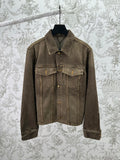 Dark gray denim jacket with button-up front and flap chest pockets, long sleeves