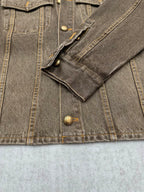 Dark gray denim jacket pocket and button details with visible stitched seams