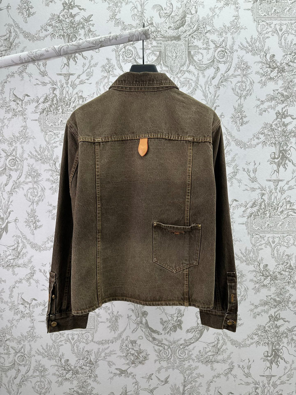 Dark gray denim jacket back view with stand collar and patch chest pocket