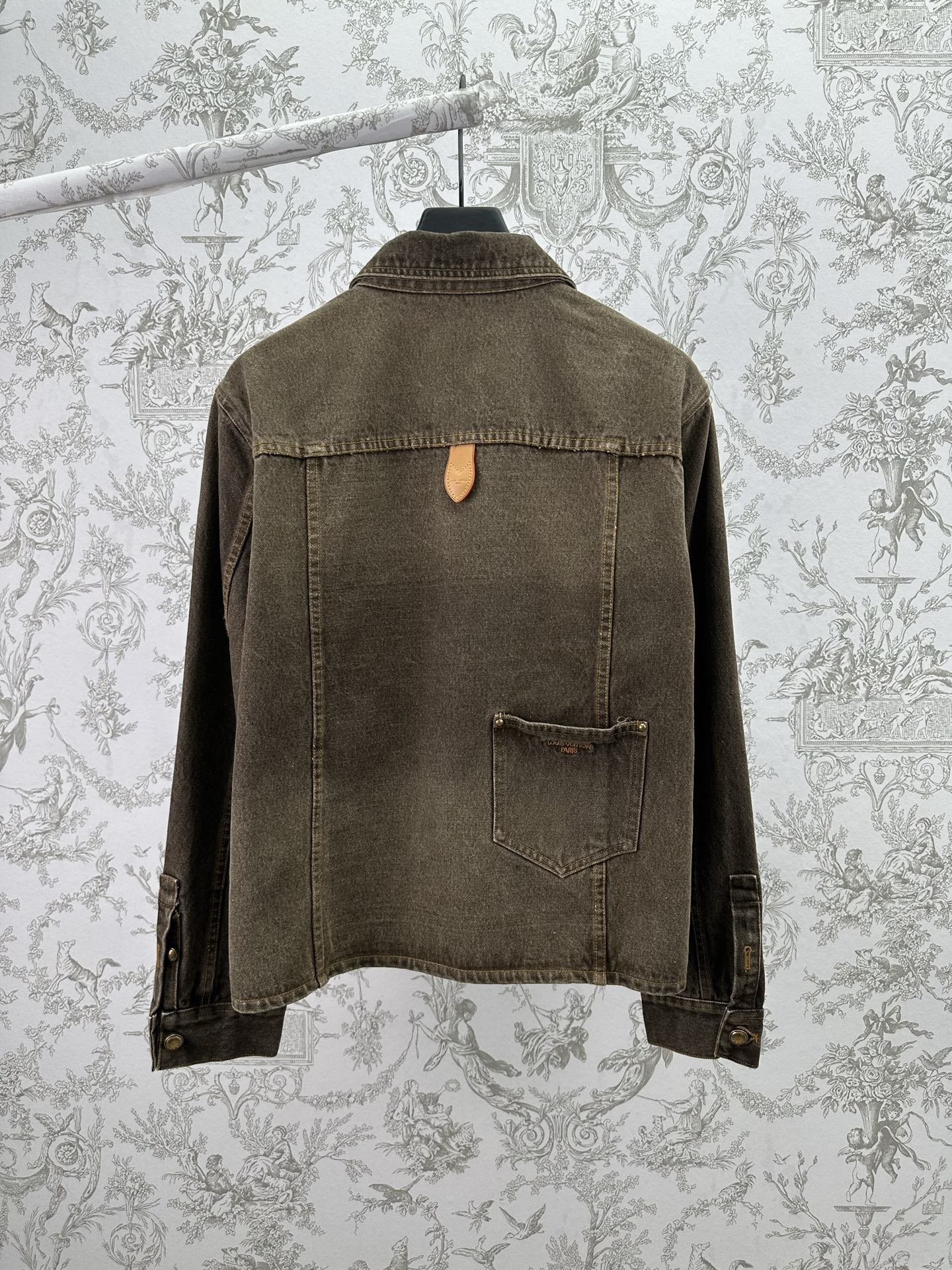 Dark gray denim jacket back view with stand collar and patch chest pocket