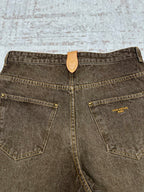 Brown denim jeans back view with leather patch and two front/side patch pockets