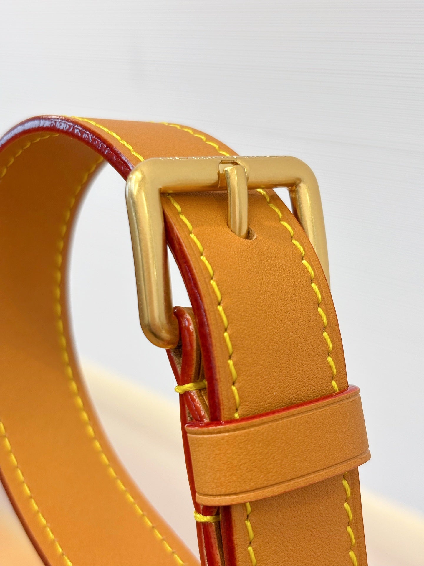 Tan leather strap and gold ring on Louis Vuitton monogram bag with red accent stitching