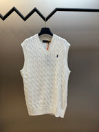 White cable-knit sweater vest with V-neck and small polo logo