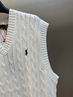 White sleeveless cable-knit sweater vest with V-neck and Polo logo