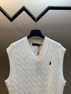 White cable-knit sweater vest with V-neck and embroidered polo logo at chest