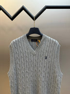 Gray cable-knit sweater vest with V-neck and small Polo logo