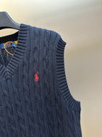 Ralph Lauren navy knit sweater vest with red polo player logo on chest
