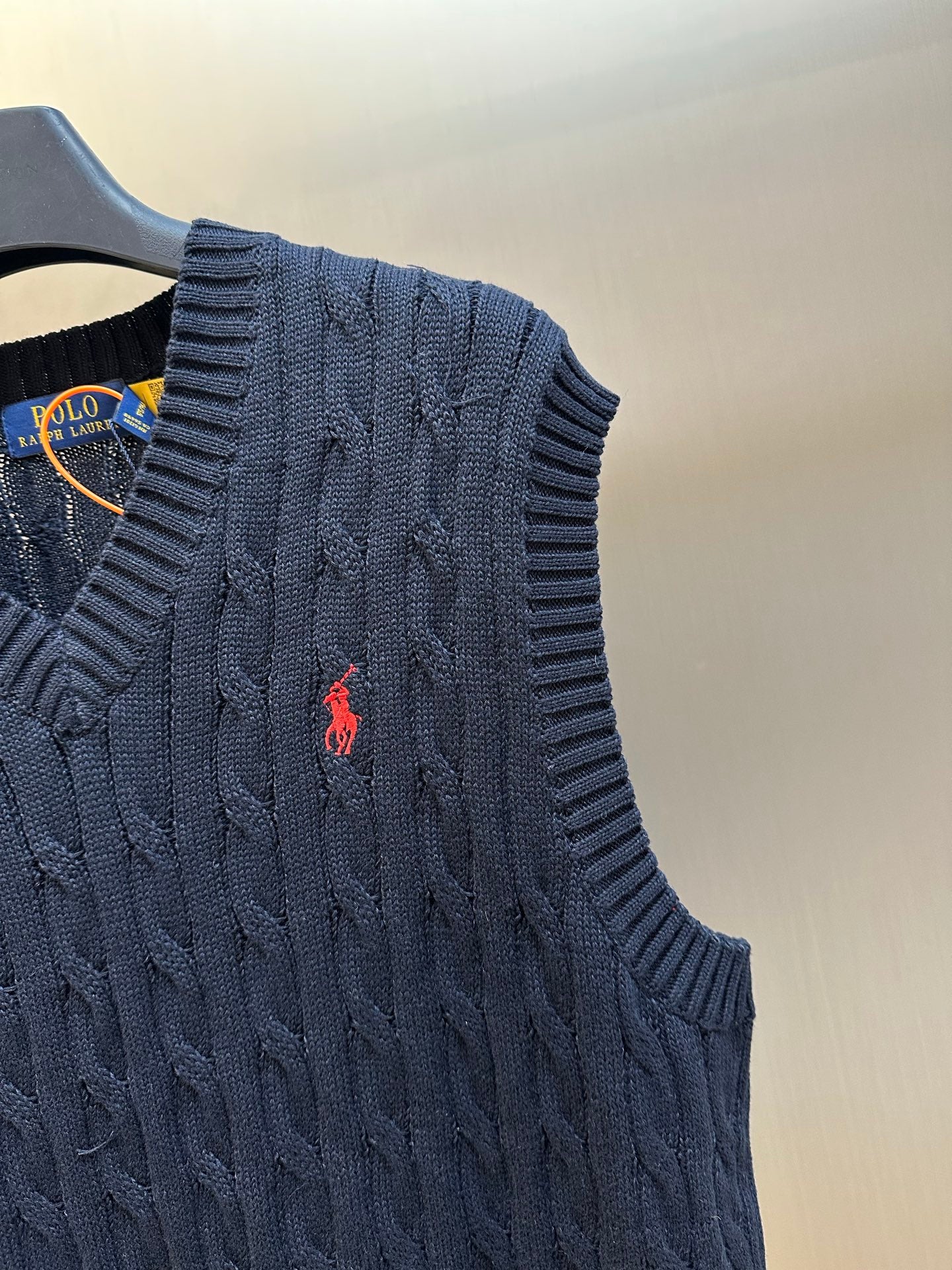 Ralph Lauren navy knit sweater vest with red polo player logo on chest