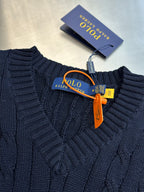 Navy V-neck sleeveless sweater vest with Polo label and red pony logo