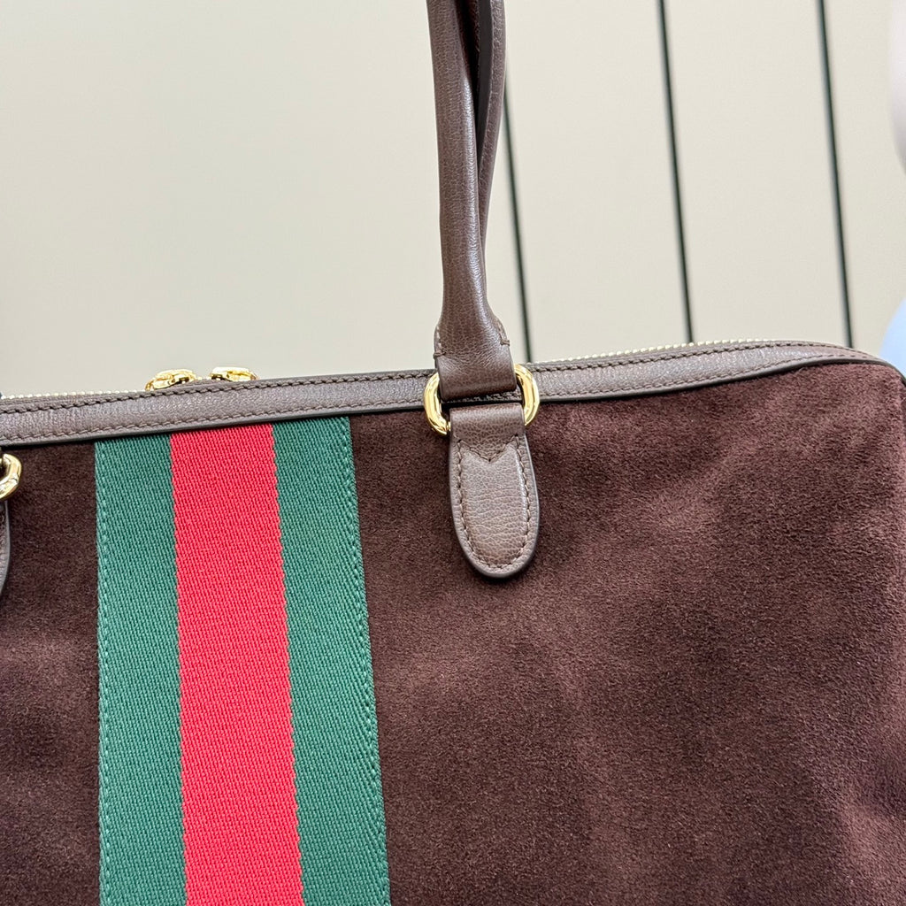 Gucci handbag handle and dark brown leather with green and red web stripe panel