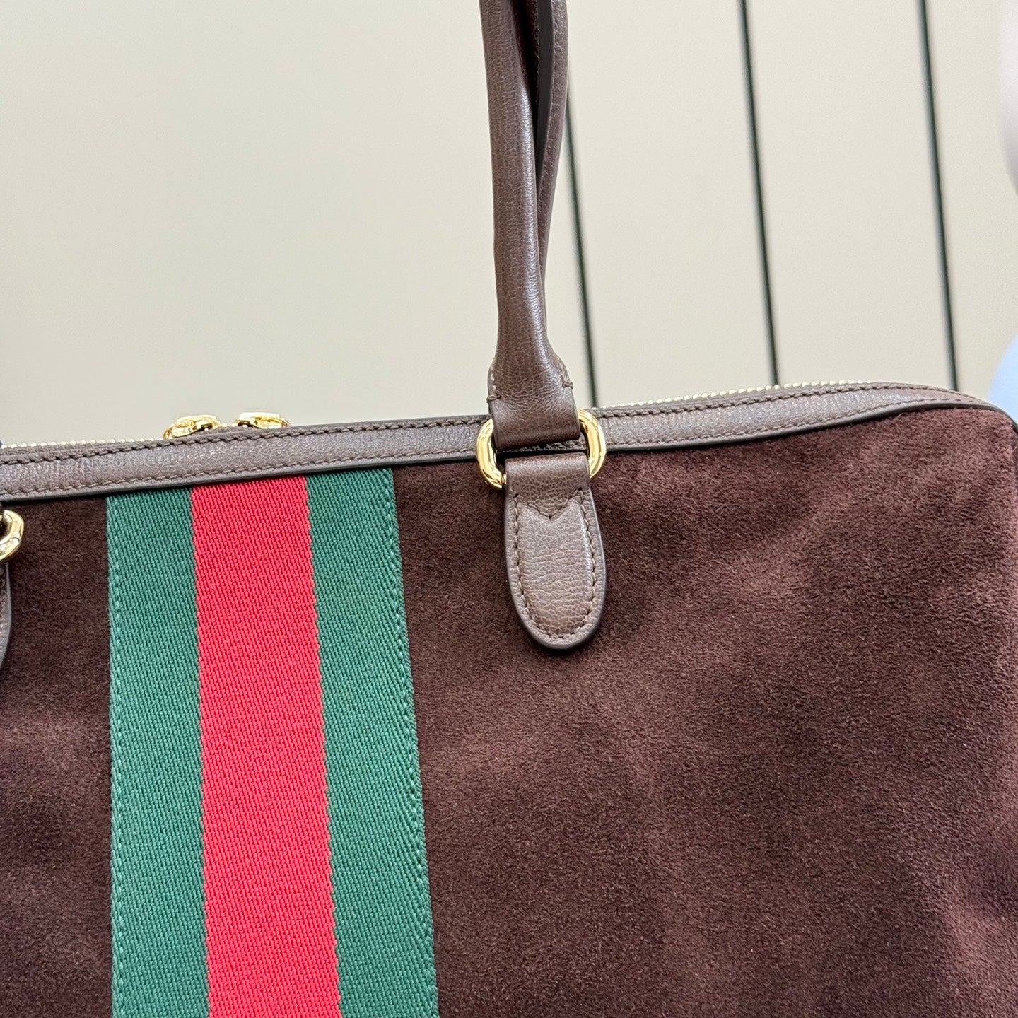 Gucci handbag handle and dark brown leather with green and red web stripe panel