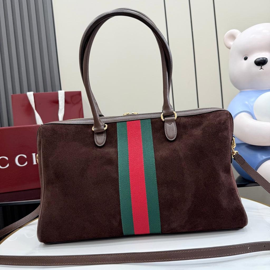 Gucci handbag with dark brown suede finish, green and red stripe, top handles and strap