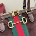 Gucci handbag hardware on dark brown leather with green and red web stripe
