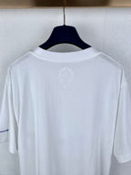 White short-sleeve T-shirt back view with small center emblem