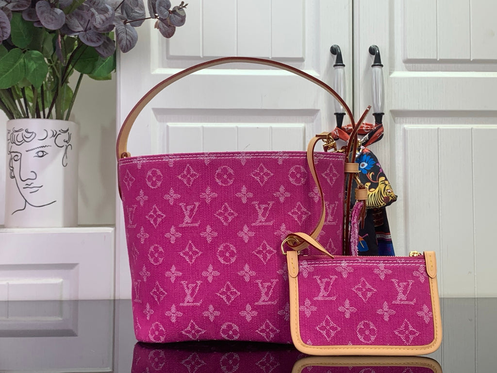 Purple monogram tote bag with tan strap and matching pouch
