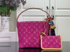 Purple monogram tote bag with tan strap and matching pouch