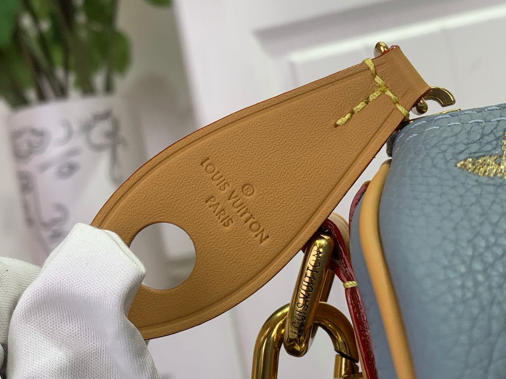 Louis Vuitton monogram bag strap close-up on tan leather with blue body