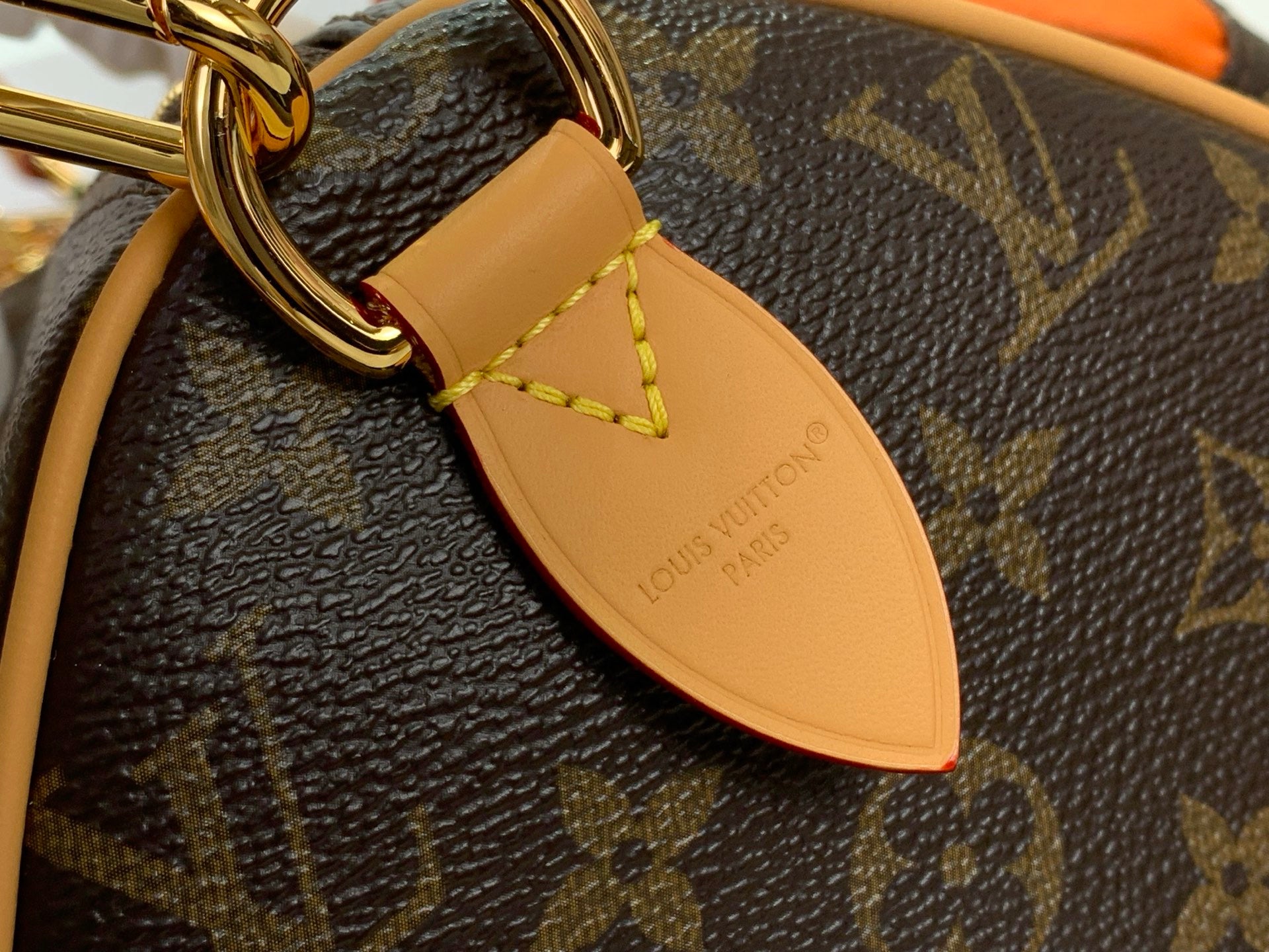Louis Vuitton monogram bag close-up of tan leather key fob on dark canvas