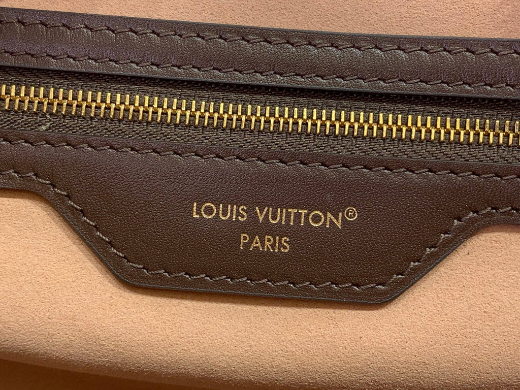 Louis Vuitton bag logo on brown leather panel with gold zipper trim