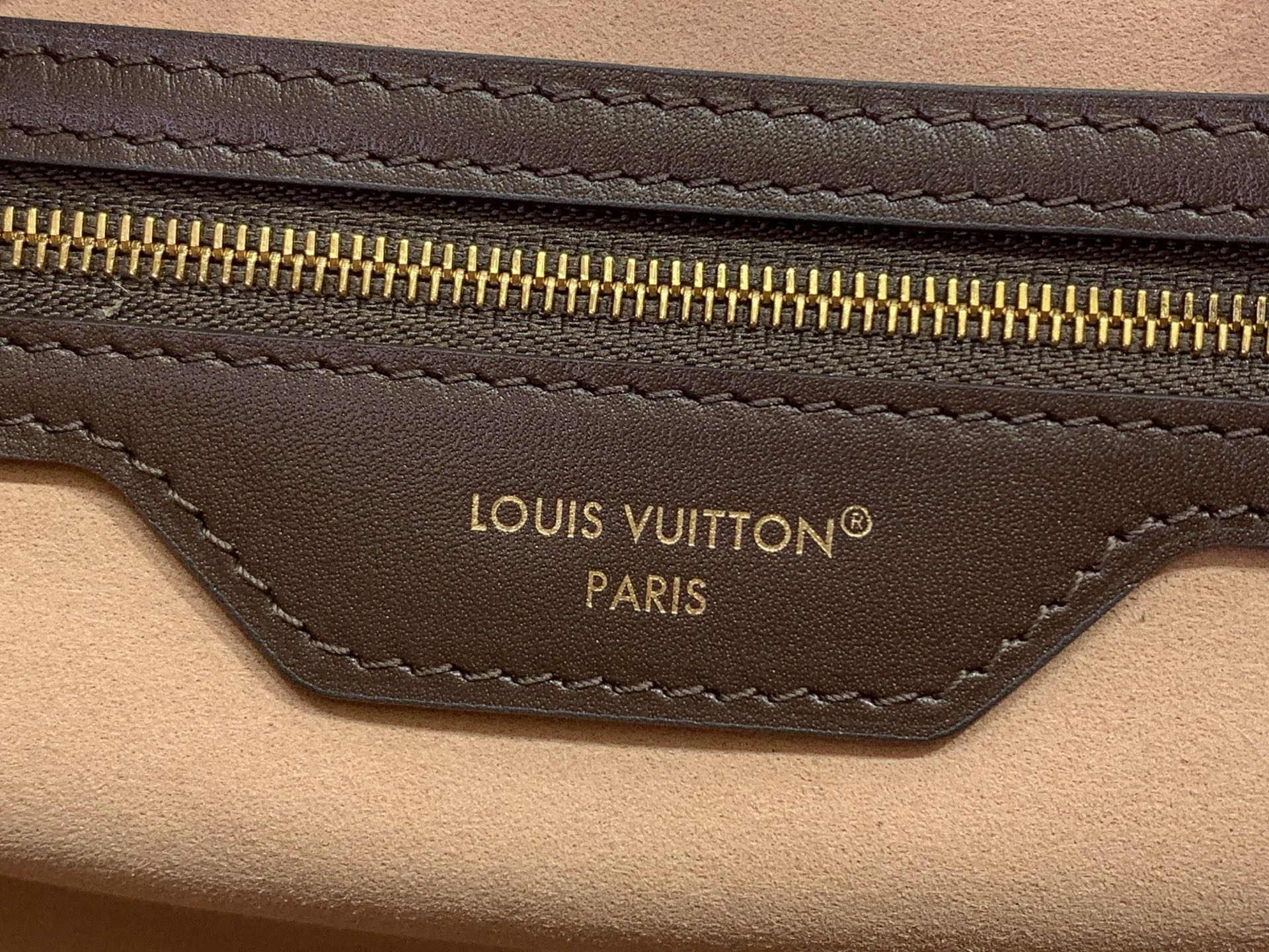 Louis Vuitton bag logo on brown leather panel with gold zipper trim