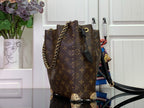Louis Vuitton monogram bucket bag with crossbody strap, dark brown side view