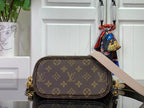 Louis Vuitton monogram crossbody bag with flap, gold hardware, and beige strap