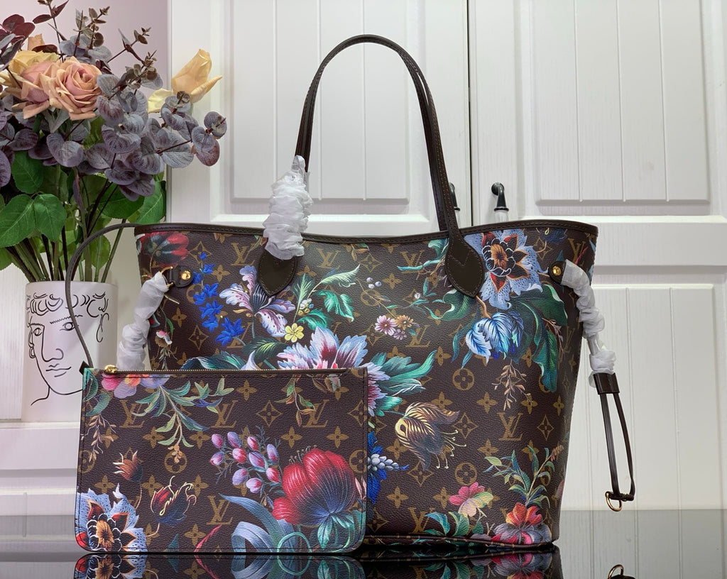Louis Vuitton tote bag with colorful floral print and matching pouch