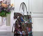 Louis Vuitton tote bag with colorful floral print, top handles, and side strap