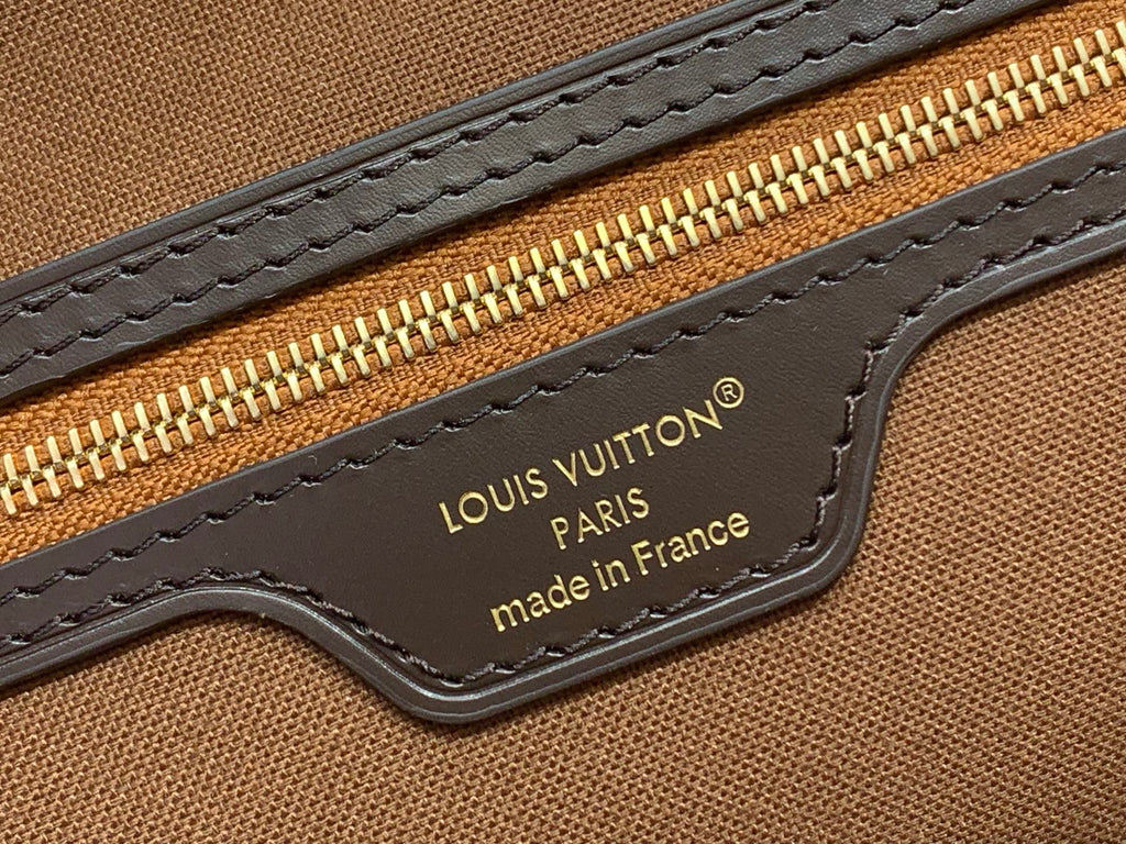 Louis Vuitton bag strap with logo plate and stitched edge, dark brown