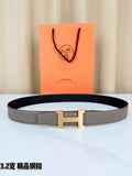 Grey leather belt with gold-tone H buckle, flat strap