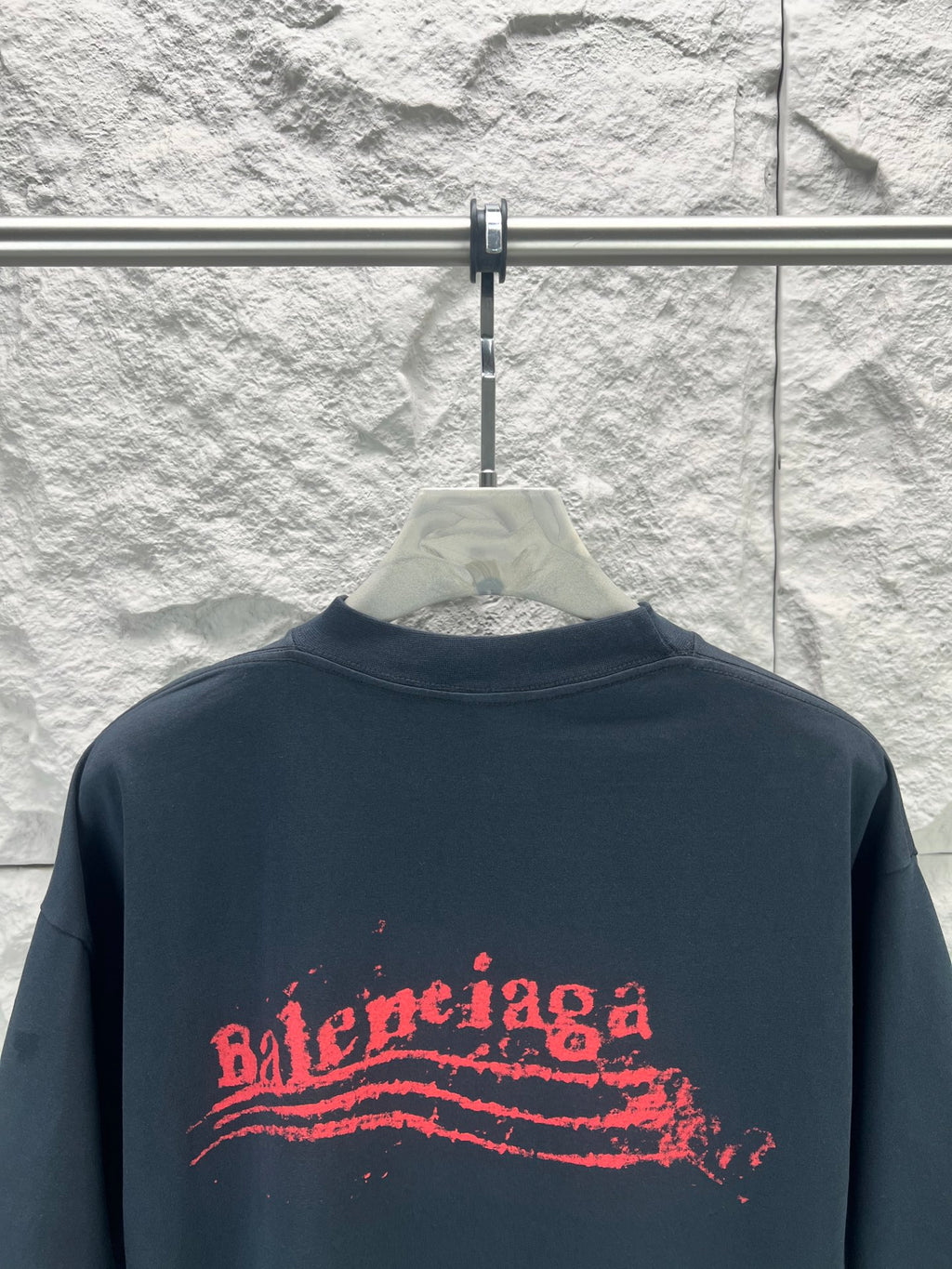 Balenciaga graphic T-shirt, dark navy, crew neck, large red logo graphic on chest