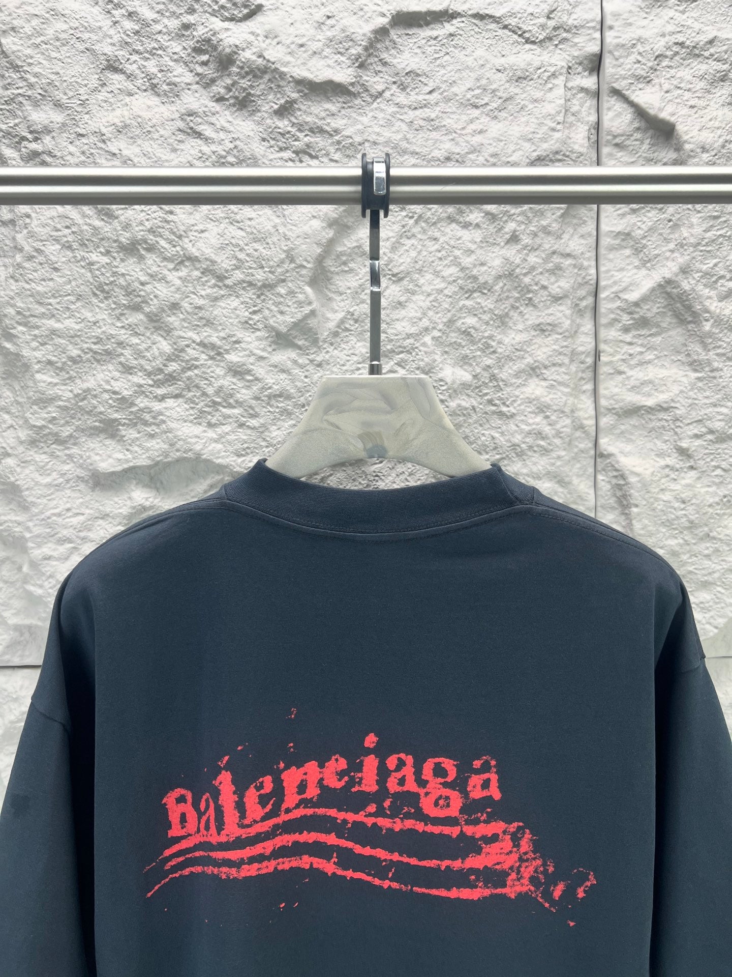 Balenciaga graphic T-shirt, dark navy, crew neck, large red logo graphic on chest