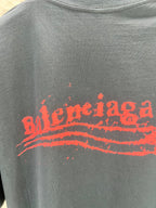 Balenciaga graphic T-shirt, heather gray, crew neck, close-up of red logo print