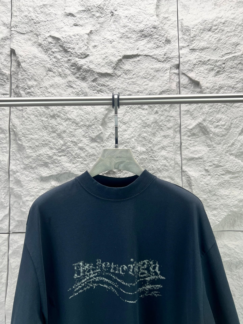 Balenciaga graphic T-shirt, dark navy, crew neck, short sleeves, distressed chest logo